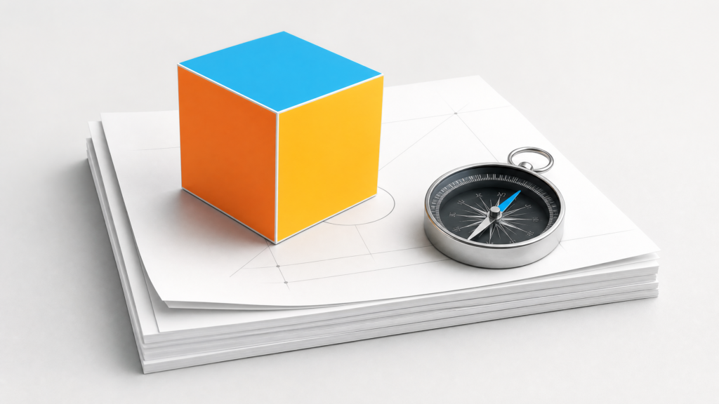 Cubo de la marca 4 Consultores y una brújula sobre un documento
