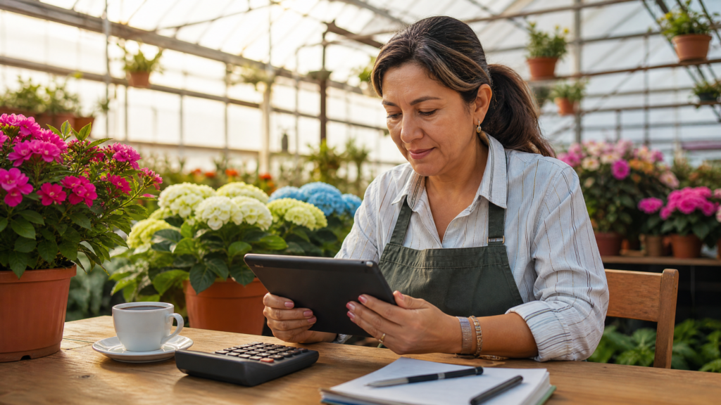 Dueña de un vivero revisando sus cuentas en una tableta junto a una calculadora