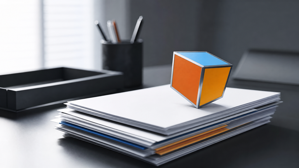 Cubo de 4 Consultores sobre una pila de documentos