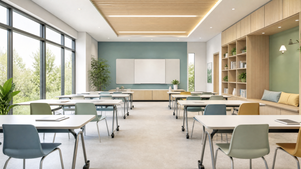Sala de formación preparada para un taller corporativo